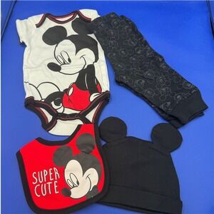 Disney NEW Mickey Mouse Baby 4-Piece Outfit Set Bodysuit Pants Bib Beanie 3/6M